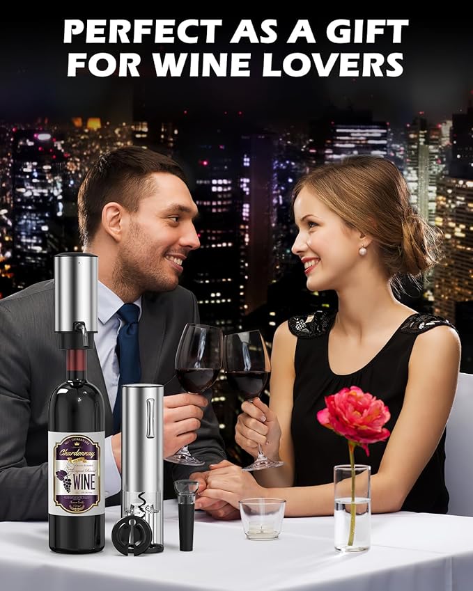 Electric Wine Opener Set, 4 in 1 Electric Wine Bottle Opener, Rechargeable Corkscrew Opener with Aerator, Foil Cutter, Vacuum Stopper, Ideal Present for Christmas, Wine Lovers, Party, Wedding