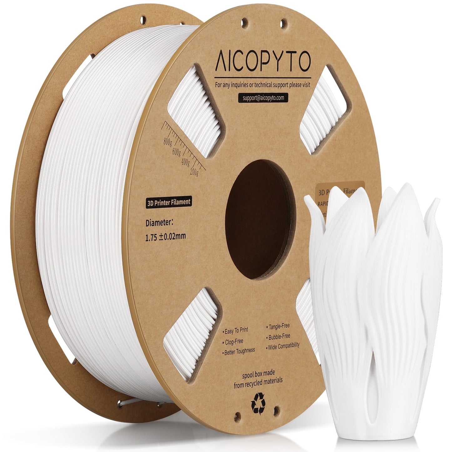 AICOPYTO PETG Filament 1.75mm White 1KG High Speed 30-600mm/s 3D Printer Filament Rapid White PETG Dimensional Accuracy +/- 0.02