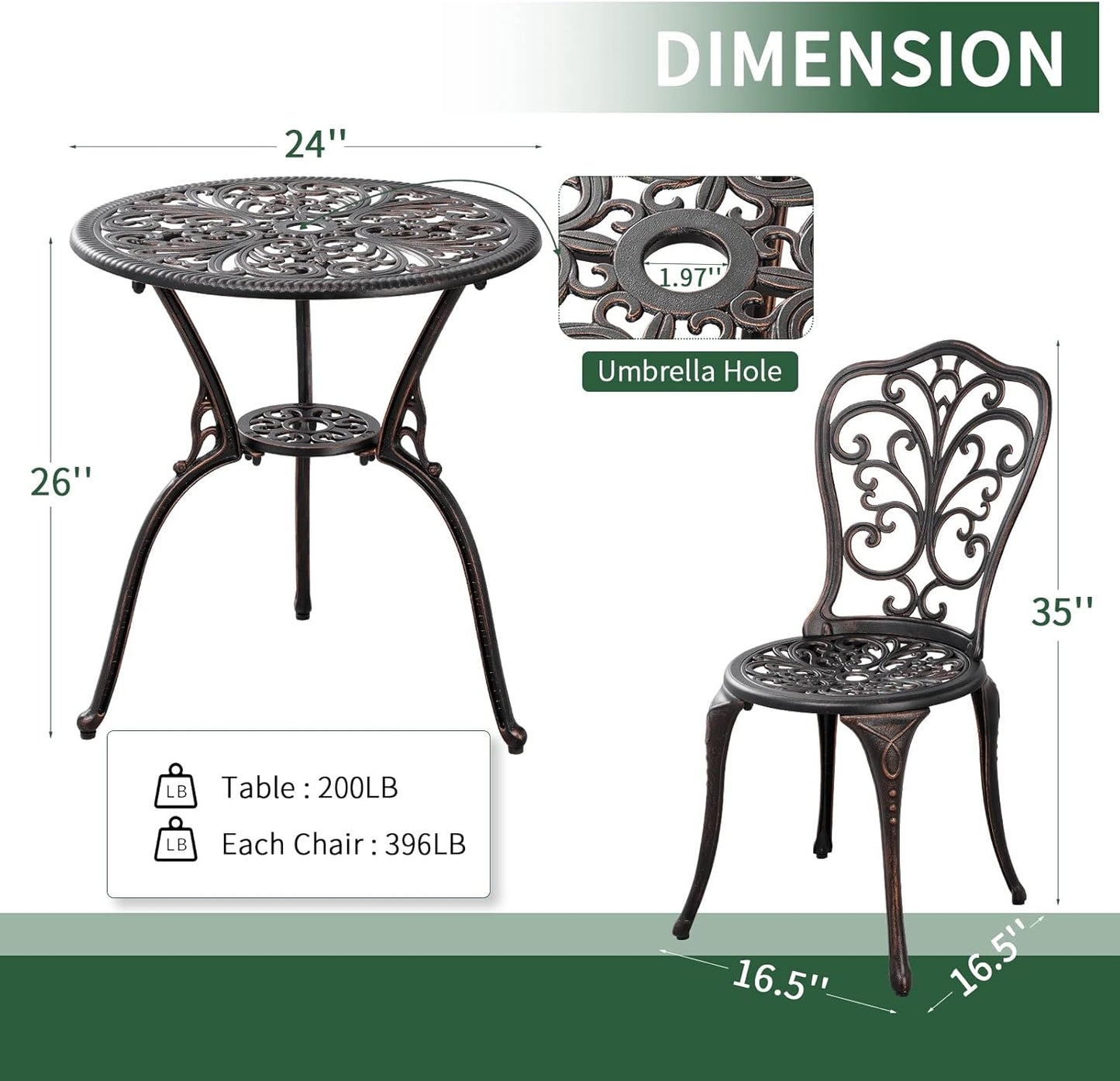 Outdoor Bistro Set 3 Piece Patio Bistro Set with Umbrella Hole, Weather Resistant Bistro Table and Chairs Set of 2 for Porch Garden, Bronze