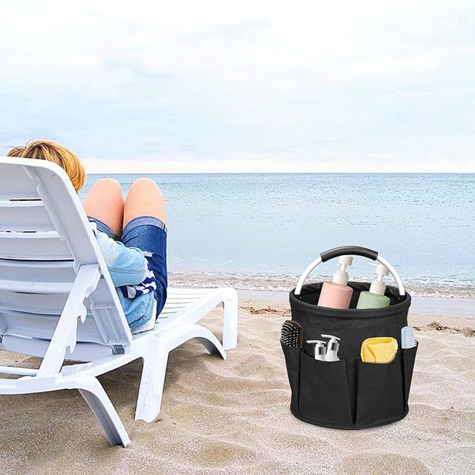 17L Cleaning Caddy with Handle,Foldable Tool Storage Basket,Garden Tool Organizer with 6 Pockets,Portable Cleaning Bucket Organiser for Storing Towels,Home Storage (Black)