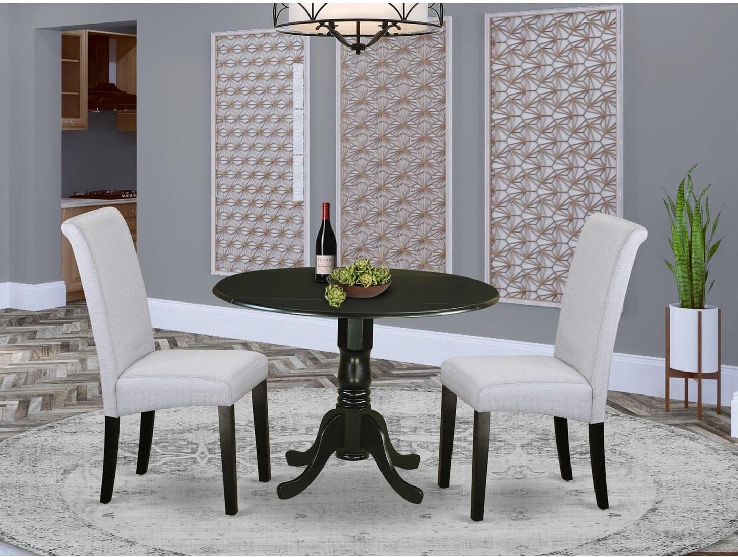 East West Furniture DLBA3-BLK-05 3 Piece Kitchen Table & Chairs Set Contains a Round Dining Room Table with Dropleaf and 2 Grey Linen Fabric Parsons Dining Chairs, 42x42 Inch, Black