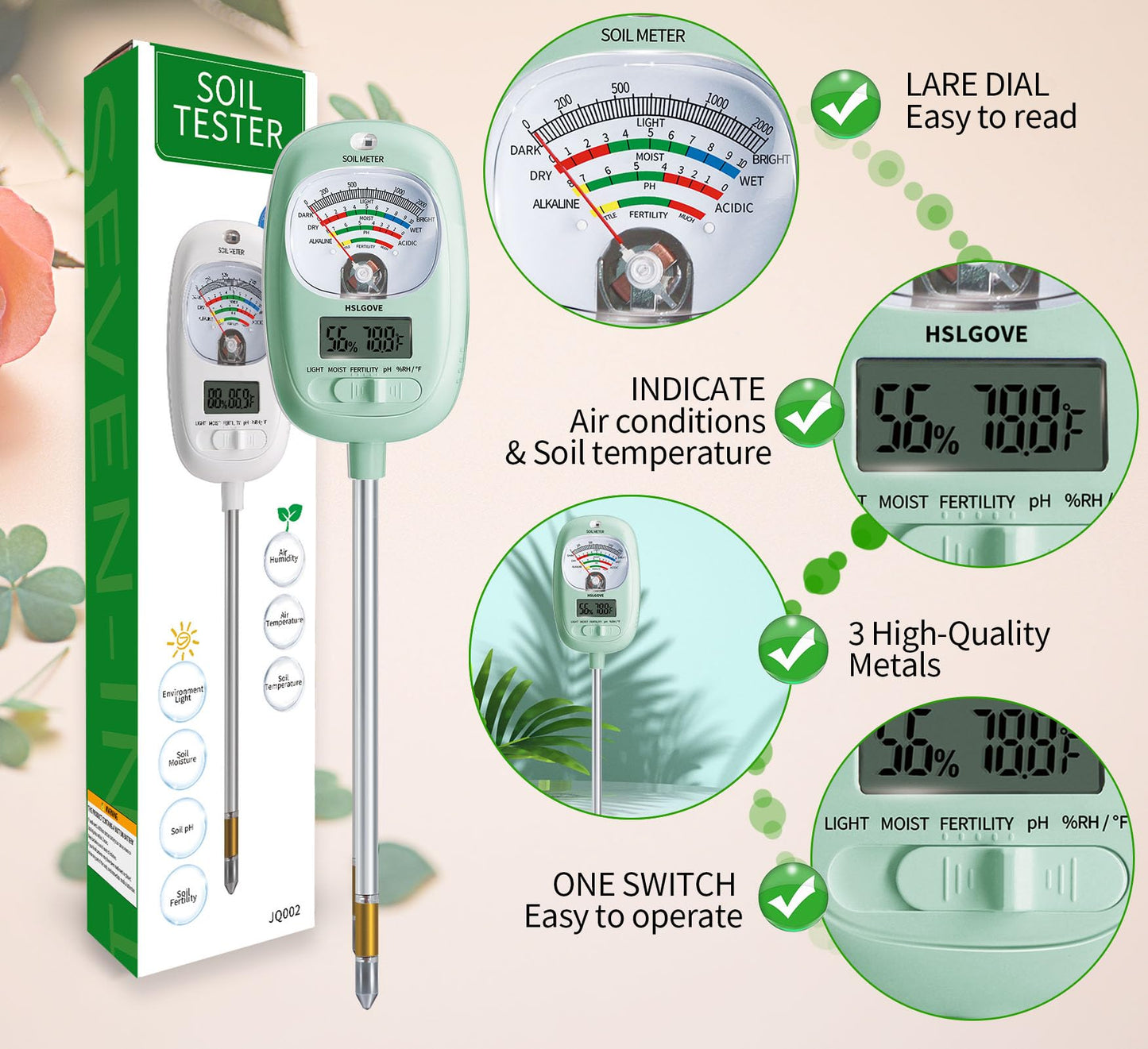 HSLGOVE Soil Test Kit, 7-in-One Soil Moisture Meter/Soil PH Meter/Fertility, Dual Screen Soil Tester w/Digital Soil Temp/Air Temp&Humidity for Plants Gardening,Lawn,Farm Indoor&Outdoor-AppleGreen