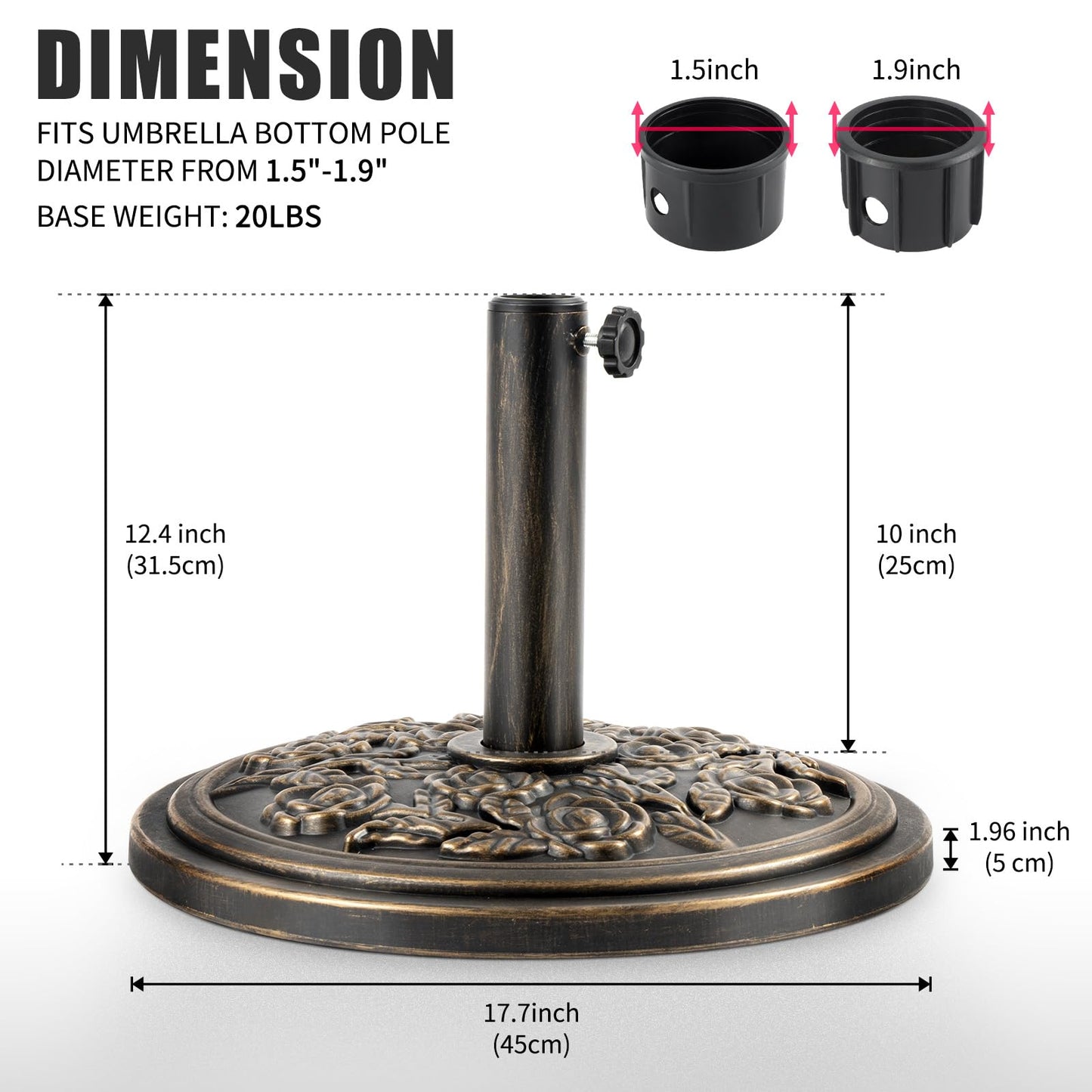 Backyard Expressions 20 lb Patio Umbrella Base Stand, Decorative Rose Medallion Antique Bronze Finish, Fits 1.5–1.9 in Poles w/Adapters, 18 in Round Weighted Outdoor Umbrella Holder for Deck & Table