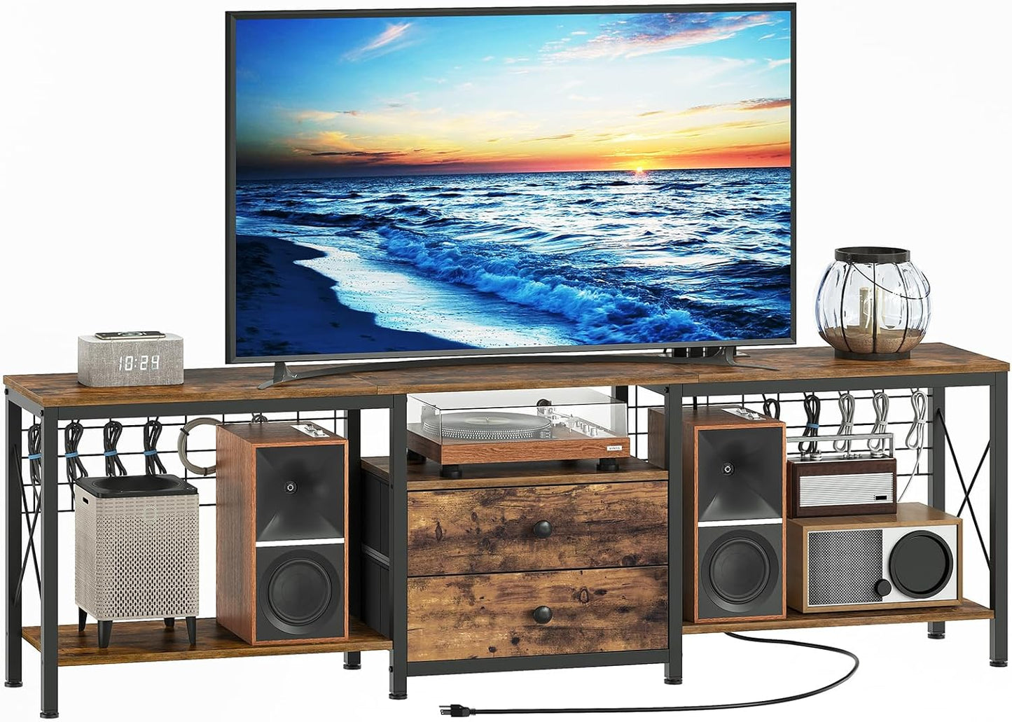 TV Stand with Power Outlet Up to 75 Inch, Entertainment Center with 2 Fabric Drawers, TV Console Table with Open Storage Shelves for TVs, Cable Management, for Living Room, Bedroom, DS18UBRY1