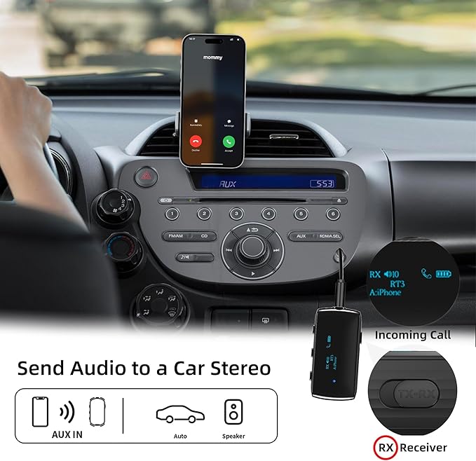 Bluetooth Transmitter Receiver for 2 AirPods/Headphones, Flight Bluetooth 5.2 Adapter for Airplane, TV, and Gym with a 3.5mm Audio Jack, Wireless BT Receiver with Mic for Car/Home Stereo