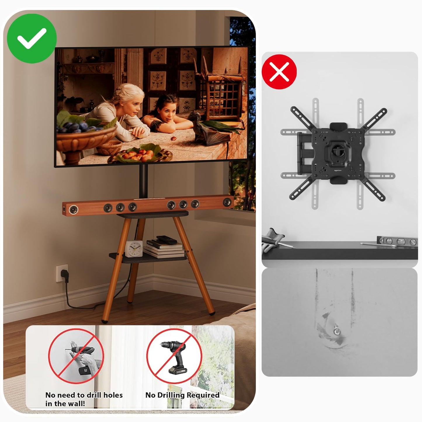 Tripod Easel TV Stand for 23-65 Inch TVs, Floor TV Stand with 2 Shelves and Cable Management for Bedroom/Living Room, Holds up to 80 lbs Adjustable Height Max VESA 400x400mm, Artistic Black Walnut
