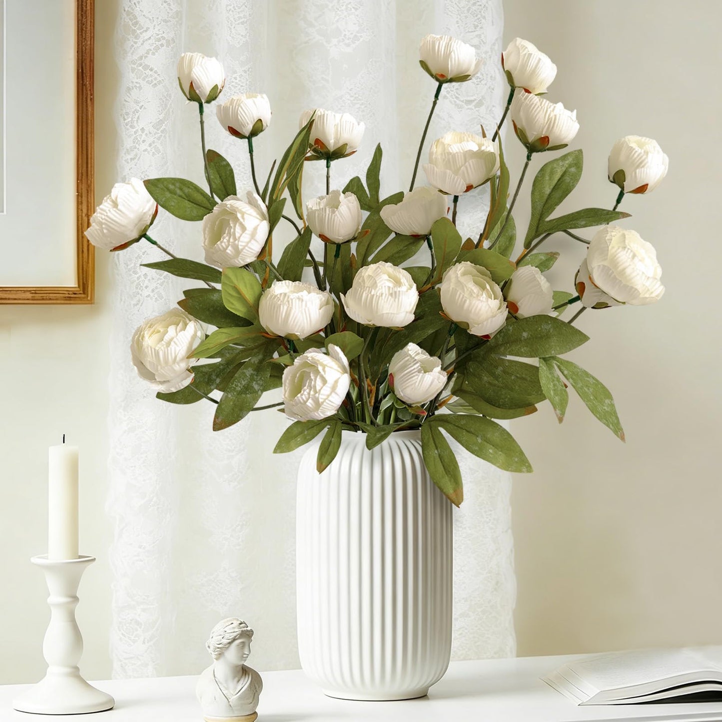 Cherica 6Pcs Viral Peony Artificial Flowers for Vase,27in Real Touch Fake Flowers Branches with Flexible Wired Stems for Home Decor DIY Bouquet Centerpieces Wedding Shower Fillers Arrangements,White