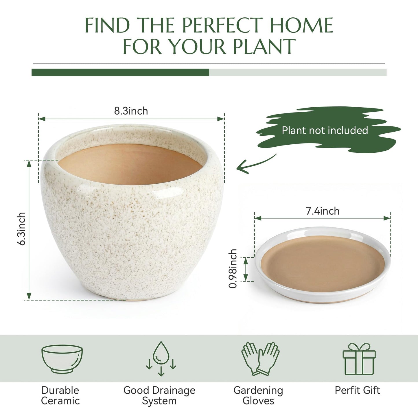 TOSELBAI 8.3 Inch Ceramic Planter with Saucer Leak-Proof Mesh &Drainage, Round Plant Pot with Gardening Gloves for Indoor Outdoor Plants