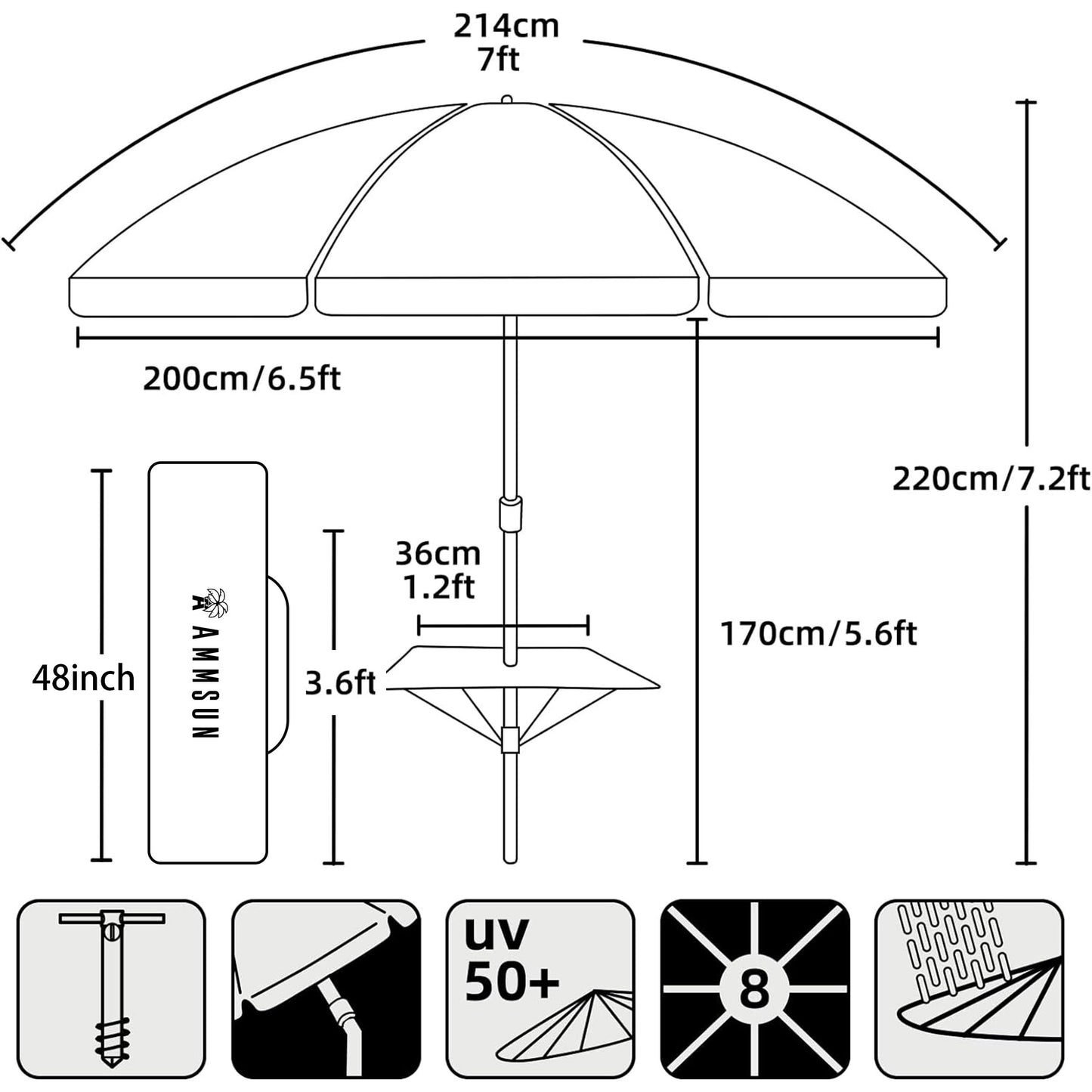 AMMSUN 7ft Heavy Duty High Wind Beach Umbrella with sand anchor, Built-in Table Tray & Tilt Pole, UPF 50+ Windproof Portable Outdoor Umbrellas Carry Bag for Patio Garden Pool Backyard stripe (Haute