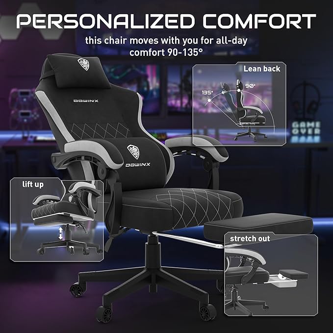 Dowinx Gaming Chair, Fabric Gaming Chairs for Adults with Pocket Spring Cushions and Lumbar Support, Ergonomic Massage Office Chair High Back with Footrest and Linkage Armrests, Black
