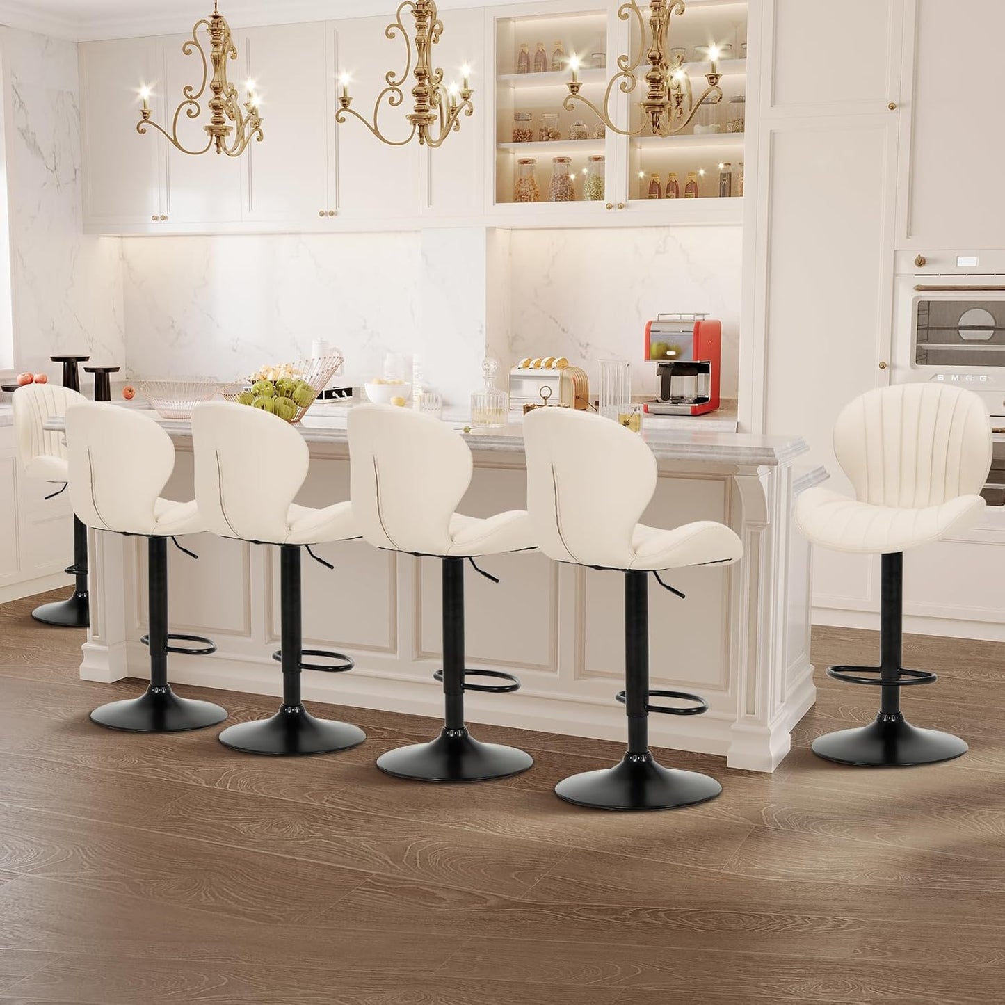 COLAMY Bar Stools Set of 2, Modern Swivel Bar Chairs, Adjustable Faux Leather Upholstered Barstools Counter Height with High Backrest for Bar, Kitchen Island, Dining Room, Beige