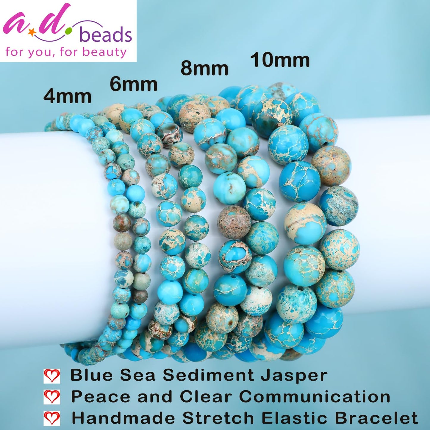 AD Beads 4mm Handmade Blue Sea Sediment Imperial Jasper Elastic Bracelet โ Natural Gemstone for Joy & Positivity โ Meditation, Yoga, Healing and Energy Gift for Men Women