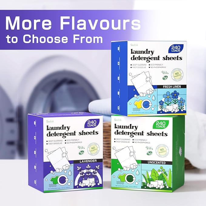 Soulink Lavender Laundry Detergent Sheets, 240 Loads - Eco-Friendly, Plant-Based, Hypoallergenic, No Plastic Jug