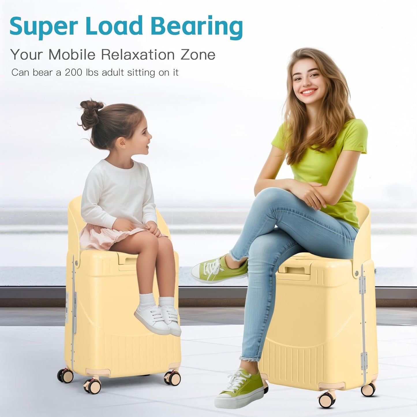 20" Carry-On Luggage with Seat for Kids & Adults, Lightweight Hardside Ride-On Suitcase with Front Opening, TSA Lock, 360° Spinner Wheels (Yellow, 20-inch)