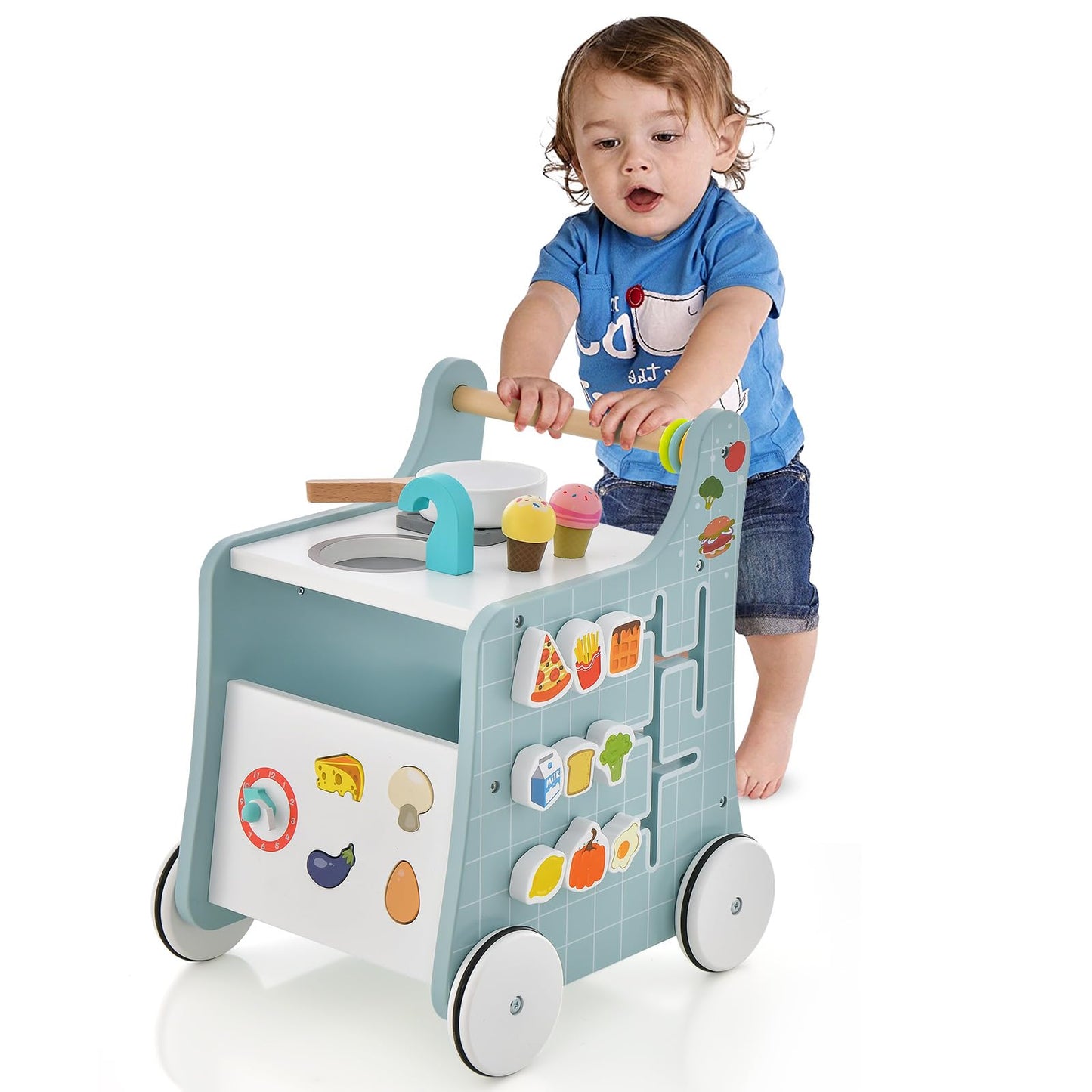 BABY JOY 6 in 1 Wooden Baby Walker, Toddler Pretend Play Kitchen Playset, Push and Pull Sit-to-Stand Learning Walker Activity Center, Montessori Educational Toy, Push Walker for Boys Girls