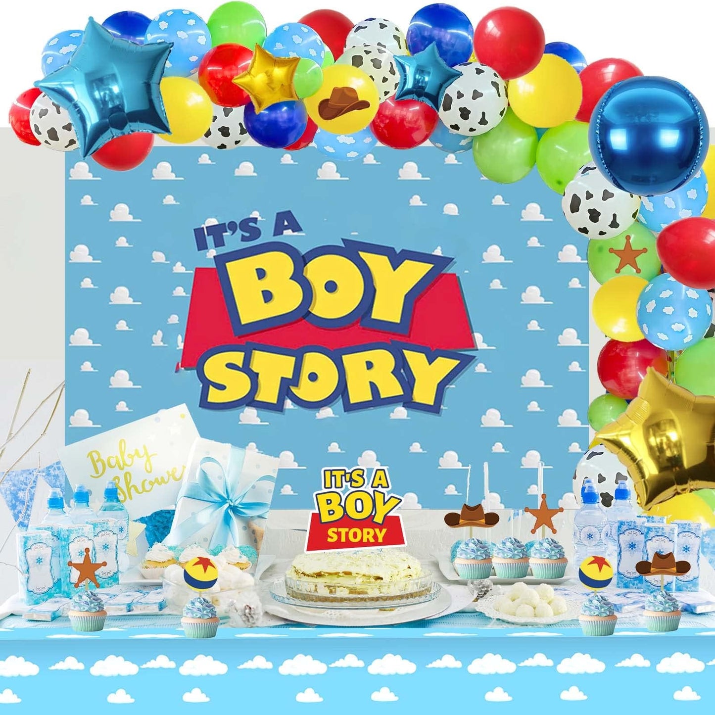 135 PCs Cartoon Toy Baby Shower Decorations, Homond Toy Themed Itβs A Boy Story Decorations Backdrop Balloon Garland Arch Banner Box Cutout Tablecloth Cake Cupcake Topper Sash Blue