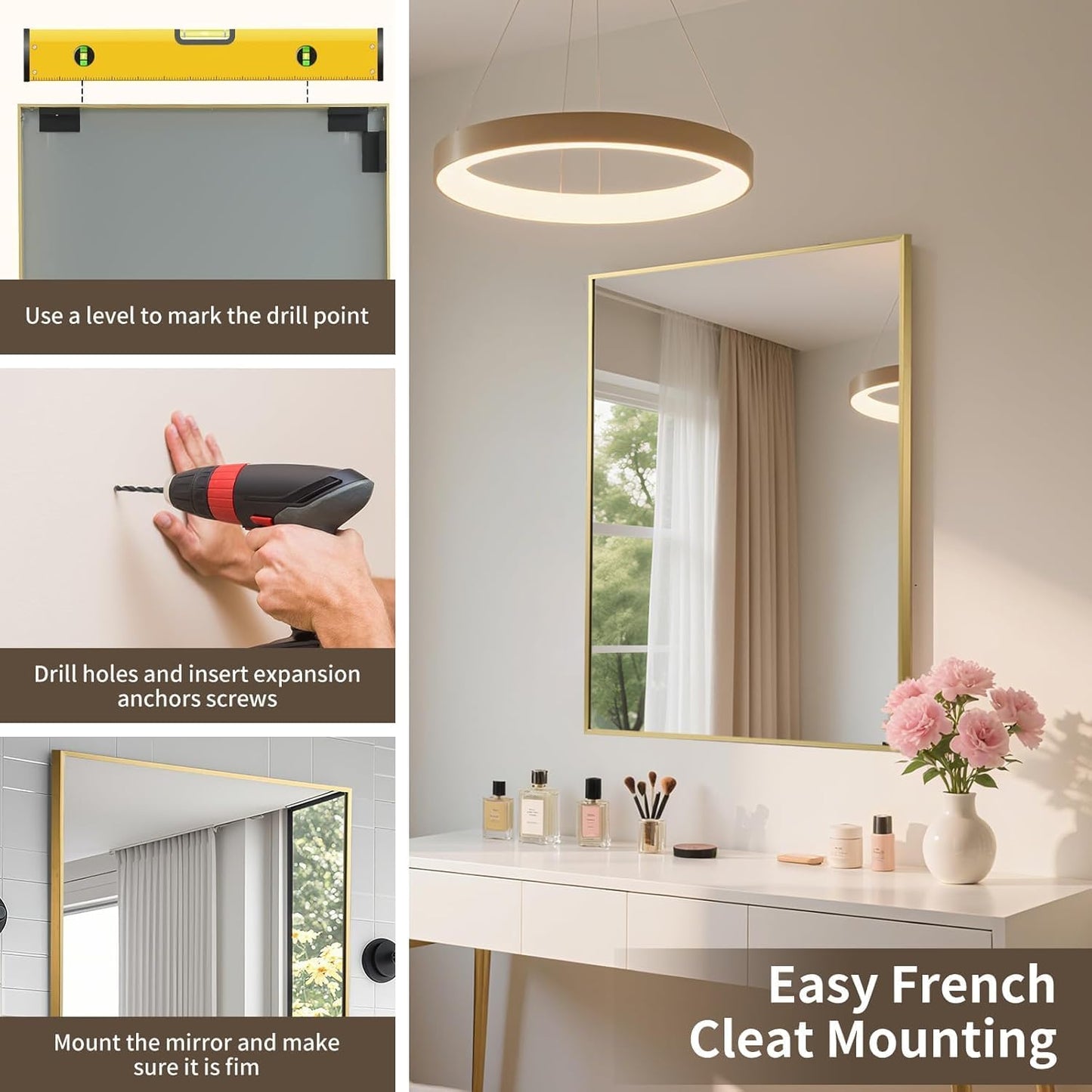 Brushed Gold Mirror, 40x30 Inch Aluminum Framed Rectangle Mirror, Anti-Rust, Tempered Glass, Square Corner Wall Mirror for Over Sink, Vanity, Bedroom, Entryway, Horizontal/Vertical