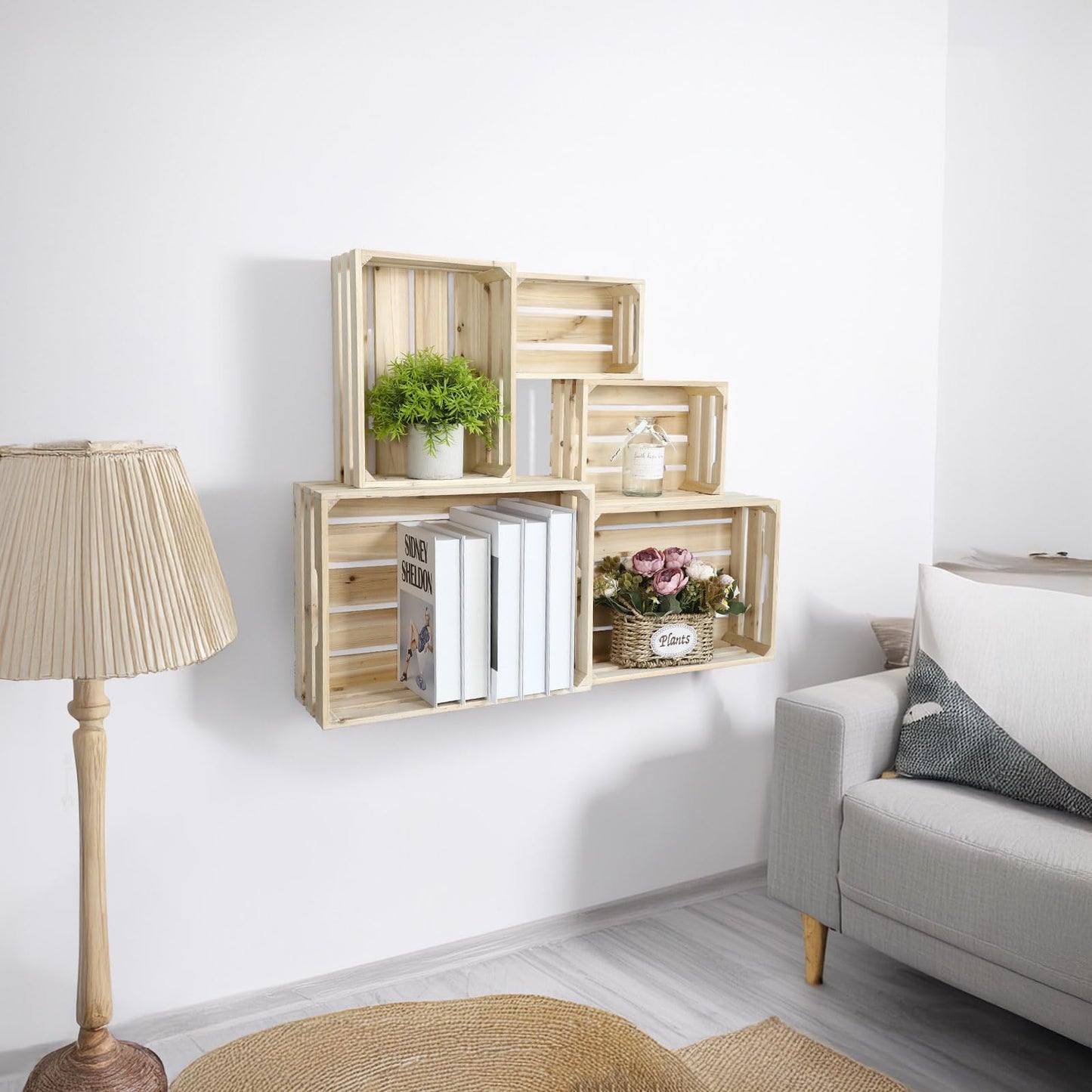 JUMBO HUMBLE Wooden Crates, Unfinished Set of 5 Large Wood Crates with Handles, Rustic Farmhouse Wooden Crate for Decor, Wedding Birthday Home Party Living Room Kitchen Decoration