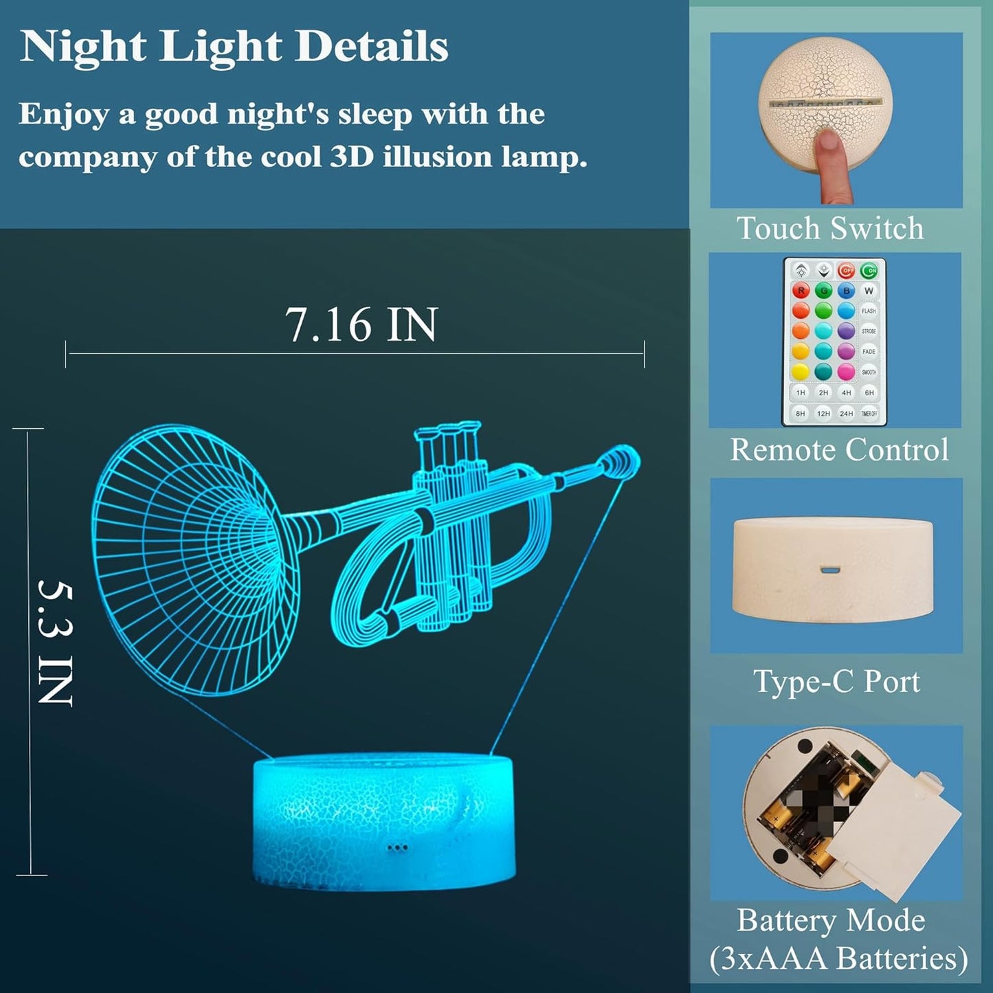 Trumpet Night Light, Trumpet Gifts, 3D Illusion Lamp with 16 Colors Changing, Timer, 4 Flash Modes and Dimmable, Kids Boys Girls Room Decoration, Holiday Xmas Gifts