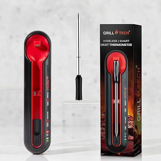 Grill Tech Smart Bluetooth Meat Thermometer Wireless Meat Thermometer for Grilling and Smoking, Precision Accuracy, 950ft Range, USB-C Rechargeable Case, Grill Tech App for Grilling