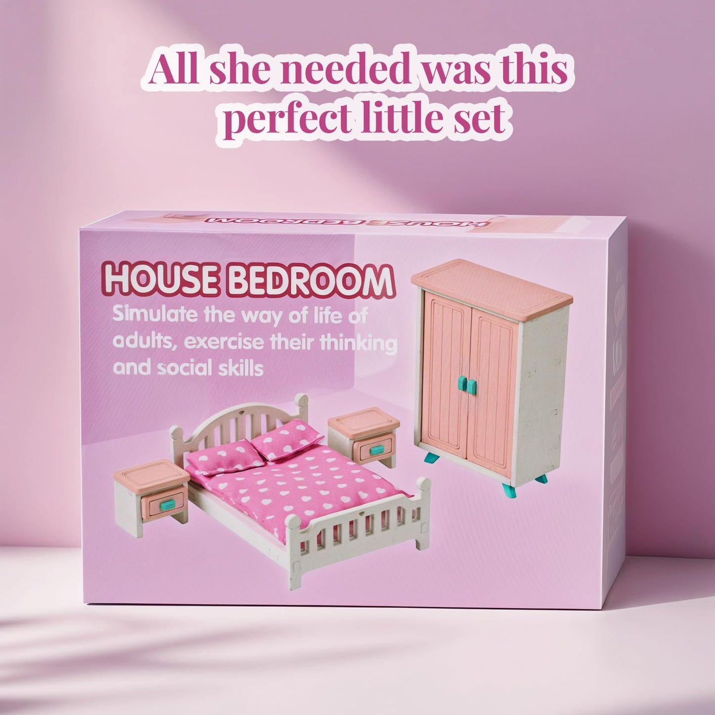 BABESIDE Mini Dollhouse Bedroom Furniture Set,7 PCS Pink Wooden Doll House Accessories for 3 Inch Dolls with Bed, Nightstands, Wardrobe, Pillows & Mattress – Gift for Girls, Kids Miniature Room Toy