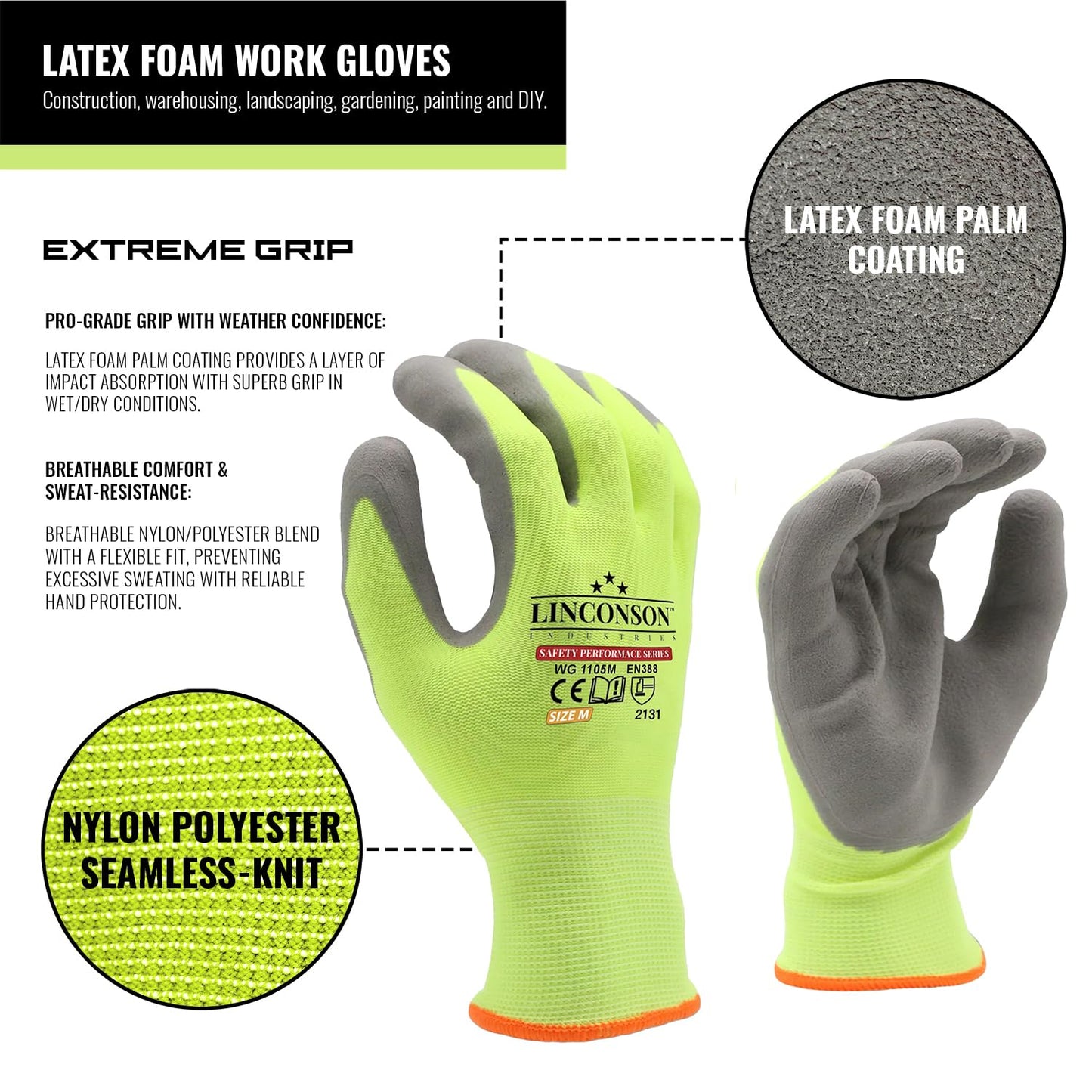 linconson 12 Pack Safety Performance Series Construction Mechanics Work Gloves (Green - Grey Palm, M (Pack of 12))