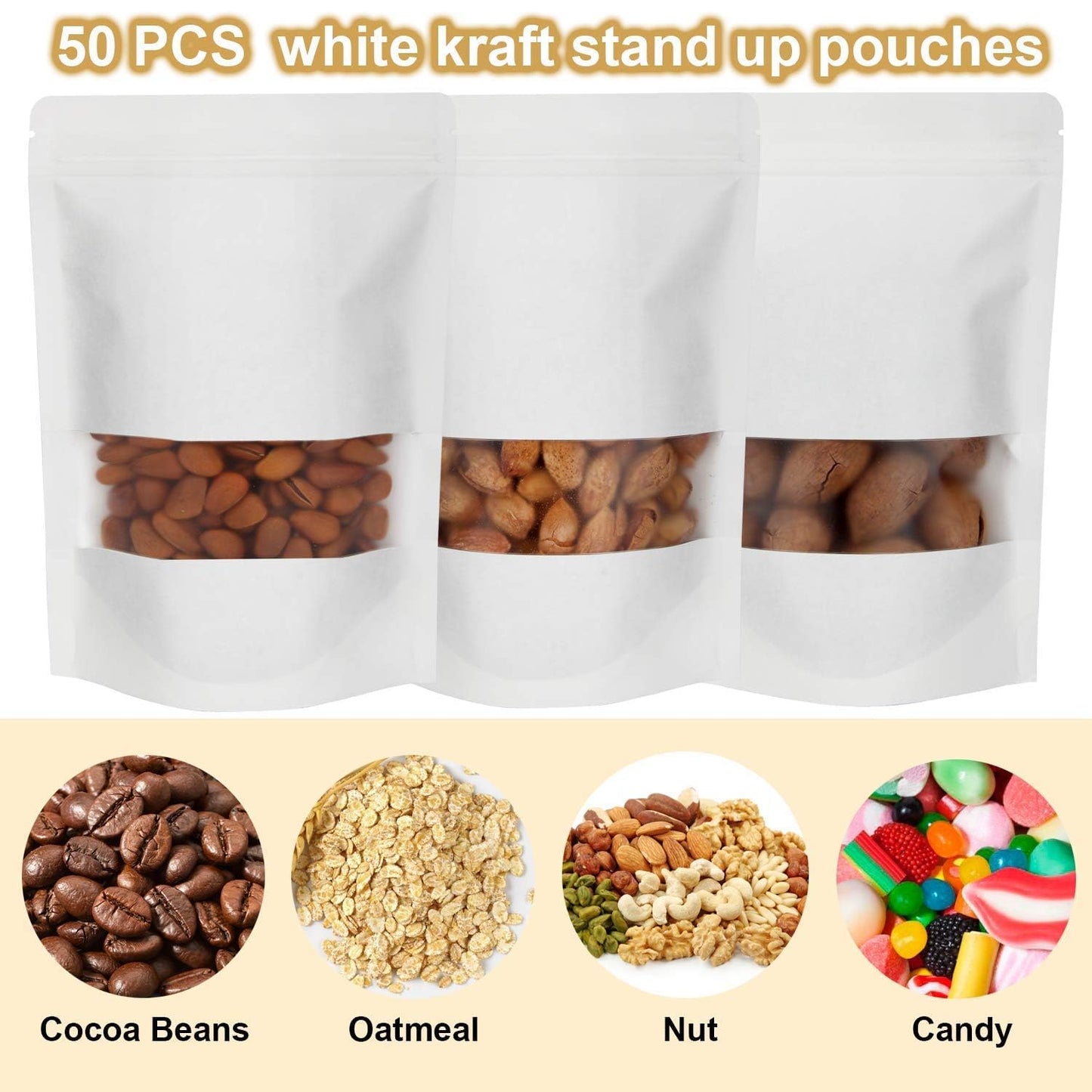 Blisstime 50 Pieces Resealable Bags for Small Business, White Kraft Paper Stand Up Pouches with Matte Window Reusable Heat Sealable Bags for Packaging (7.9 X 11.8 Inches)