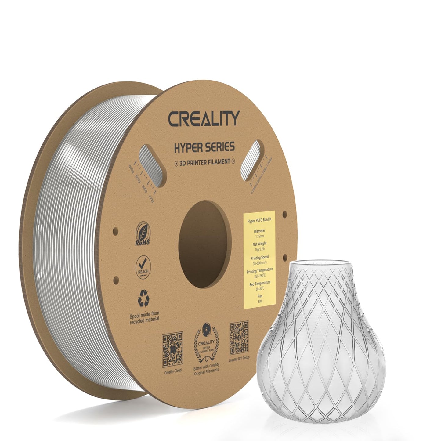 Creality Official Hyper PETG Filament 1.75mm, High Speed 30-600mm/s 3D Printer Filament PETG, Dimensional Accuracy 0.03 mm, Fit
