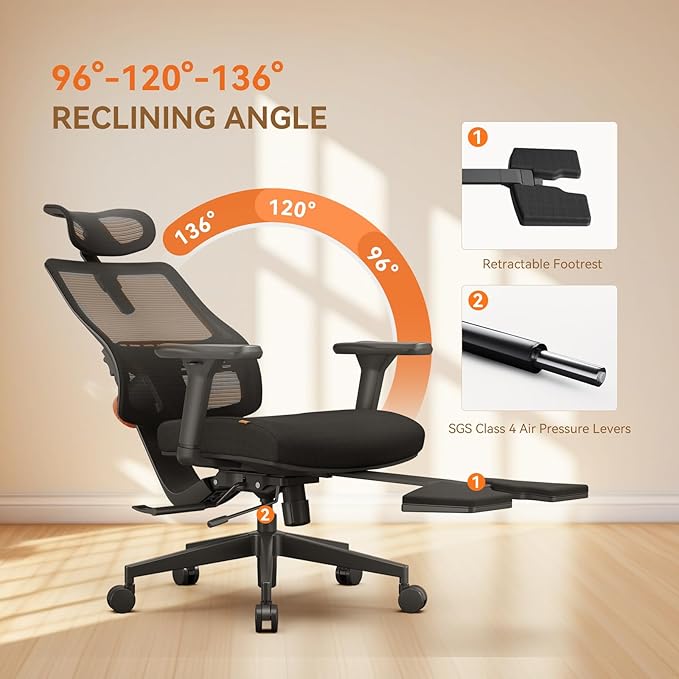Newtral Ergonomic Office Chair with Footrest, Auto-Adjusting Lumbar Support, 4D Armrests & High Back - Adjustable Seat Depth, Height & 136° Tilt for Home Office & Gaming