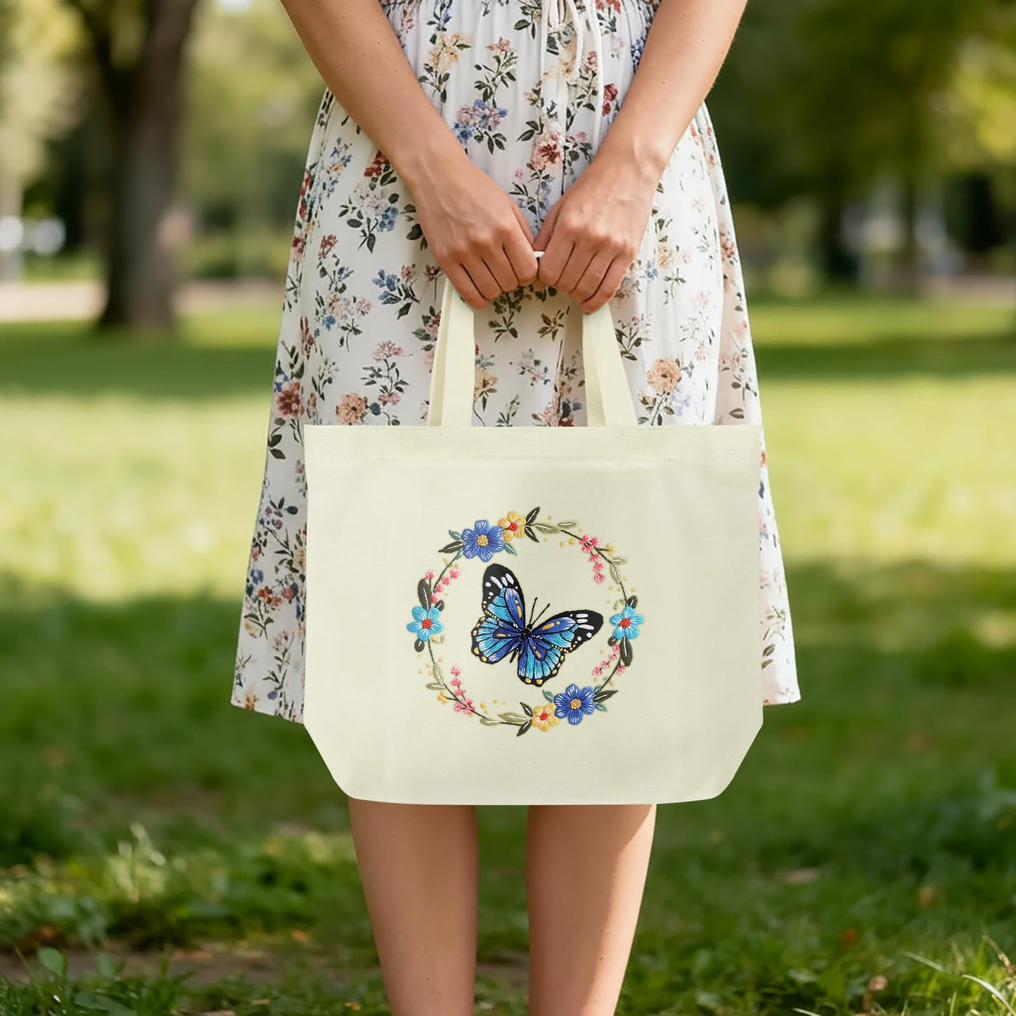 ERKOON Canvas Tote Bag Embroidery Kit for Beginners, Floral Arts Crafts Cross Stitch Kits for Adults Including Stamped Embroidery Bag with Hoops, Needle, Instruction and Color Threads (Butterfly)