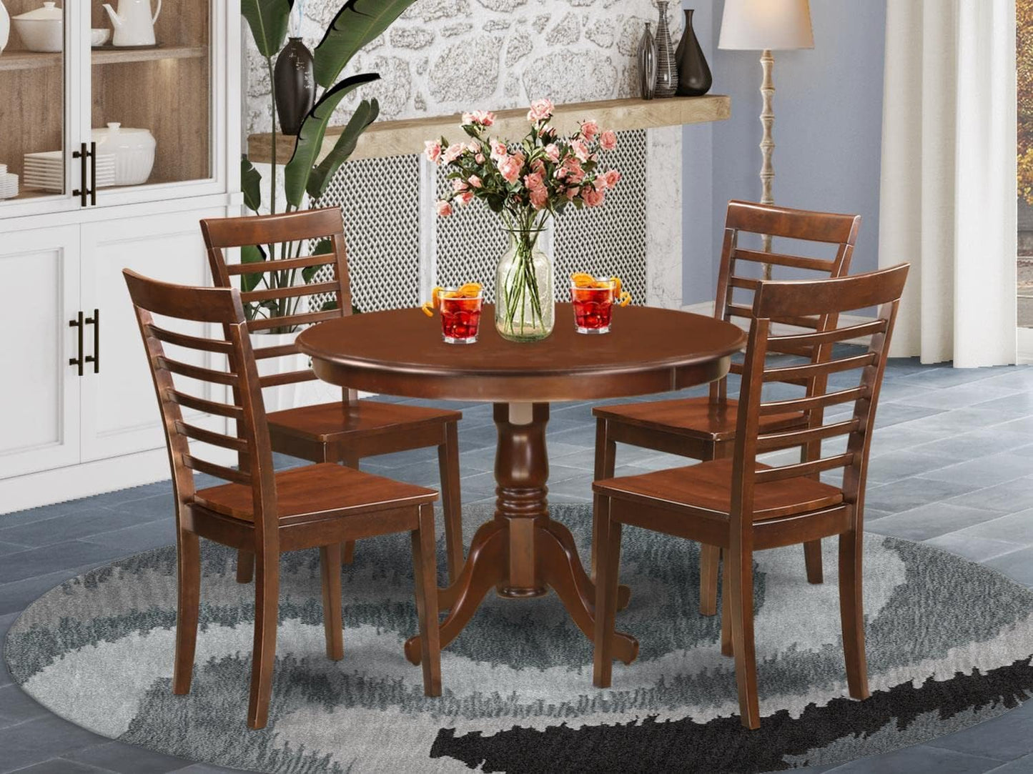 East West Furniture HLML5-MAH-W 5 Piece Dining Room Furniture Set Includes a Round Kitchen Table with Pedestal and 4 Dining Chairs, 42x42 Inch, Mahogany