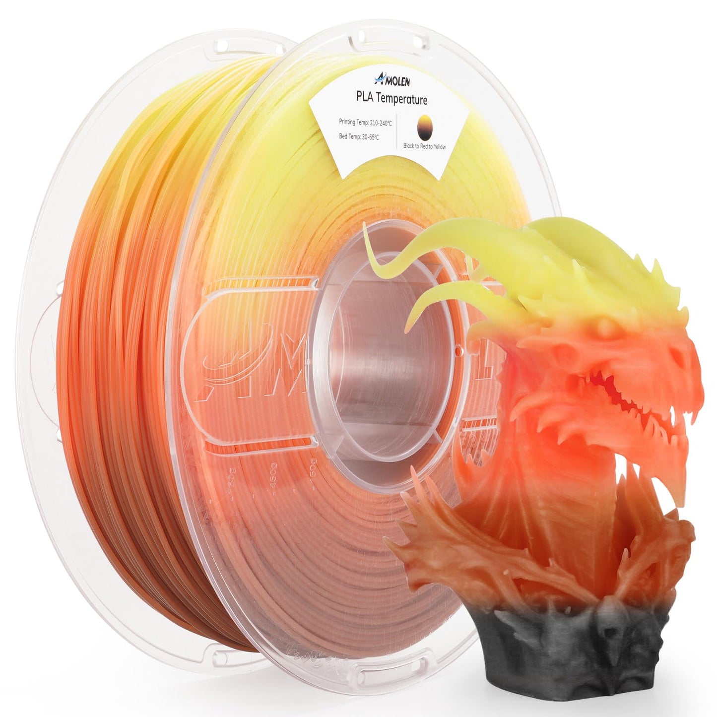 AMOLEN 3D Printer Filament, Triple Color Temp Change Black to Red to Yellow PLA Filament 1.75mm, Cold & Heat Color Change with T