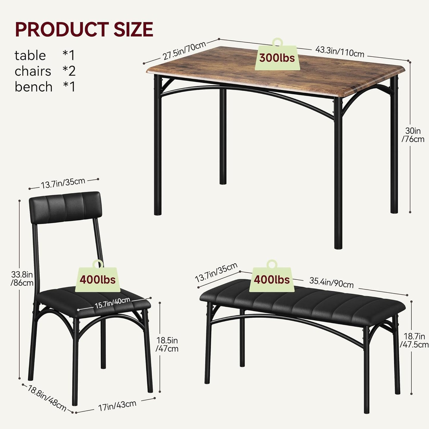 Garvee Dining Table Set for 4, Kitchen Table with Upholstered Bench and 2 Chairs, 4-Piece Wooden Dining Table Set for Apartment, Dining Room, Small Space, Brown