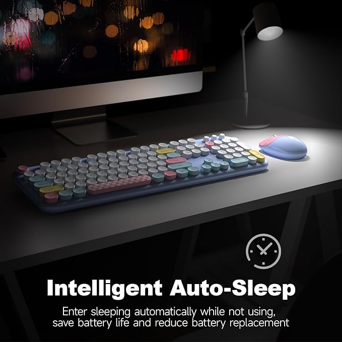 MOFII Wireless Keyboard and Mouse Combo - 2.4GHz Full-Size Retro Typewriter Keyboard with Round Keys, 3 Level Adjustable Optical Mouse, Plug & Play - Compatible with PC/Laptop/Desktop - Light Blue Mix