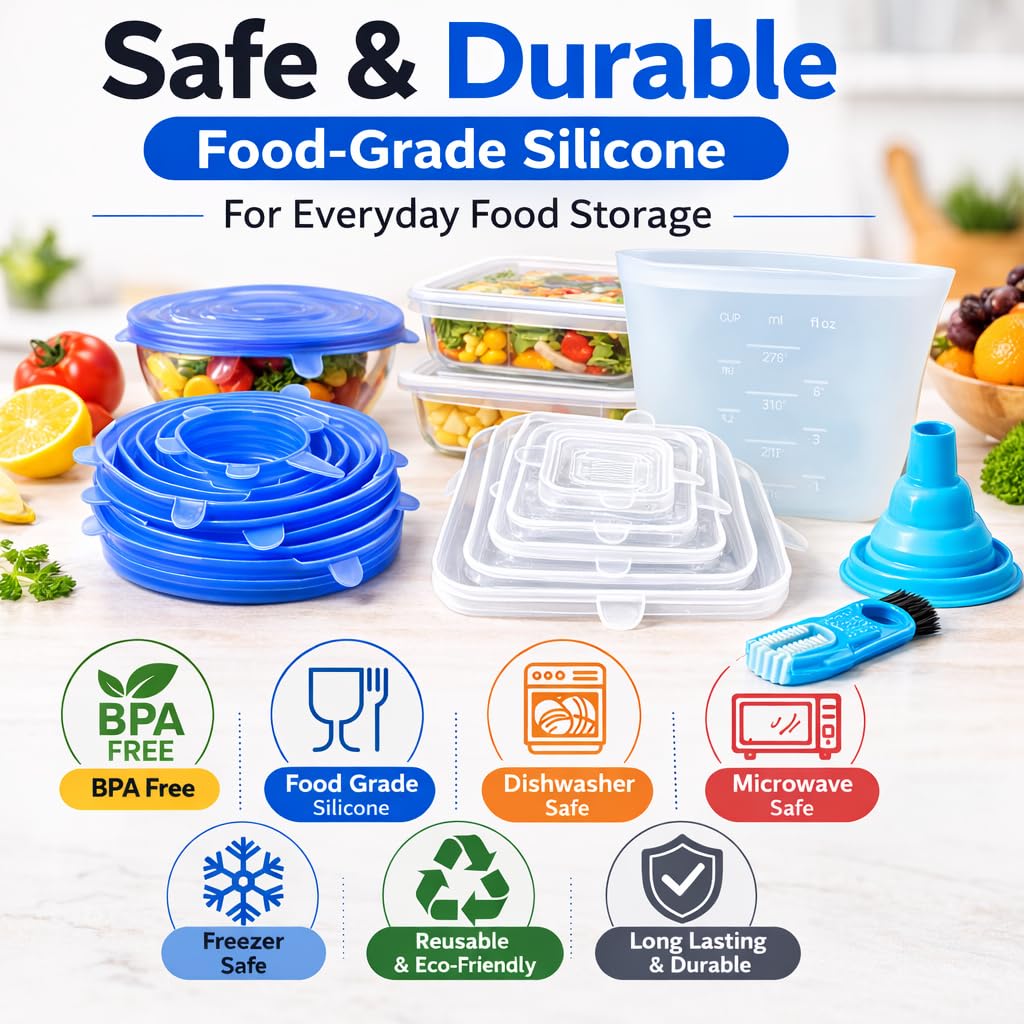 IZEM Premium Reusable Silicone Stretch Lids Set โ 12 Pack (6 Round Blue + 6 Rectangle White) BPA-Free, Airtight & Leakproof Bowl Covers + 500ml Silicone Bag, Funnel & Brush