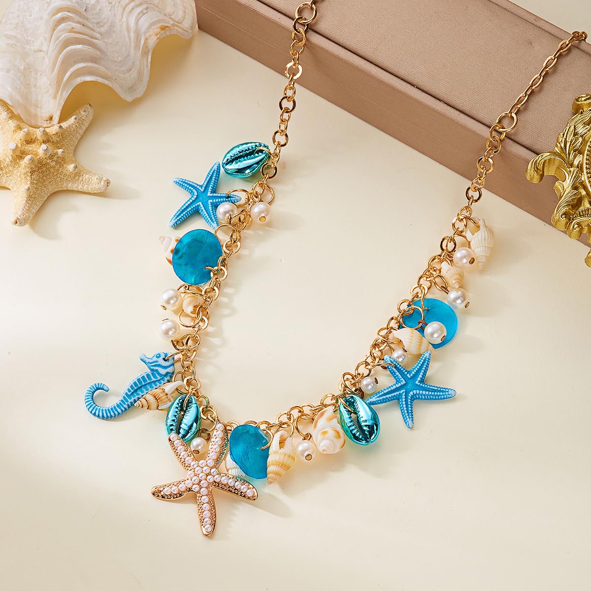 MIFYNN Starfish Shell Pendant Necklace for Women Conch Seahorse Charm Necklace Boho Beach Accessories Summer Tropical Ocean Jewelr Dainty Coastal Jewelry for Women Summer Birthday Gift (Blue)