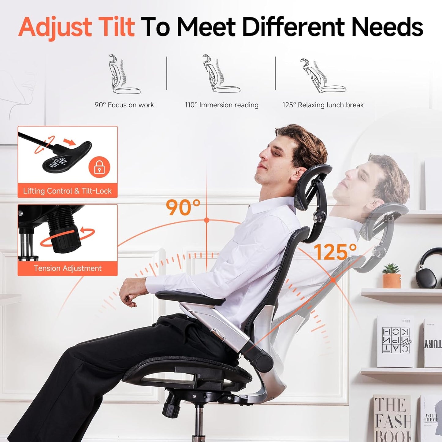 COMHOMA Big and Tall Ergonomic Mesh Office Chair, High Back Home Desk Chair Computer Gaming Chair with Headrest, Flip-Up Arms, 90-125° Tilt Lock and Wide Cushion, Task Chair for Man Woman- Black