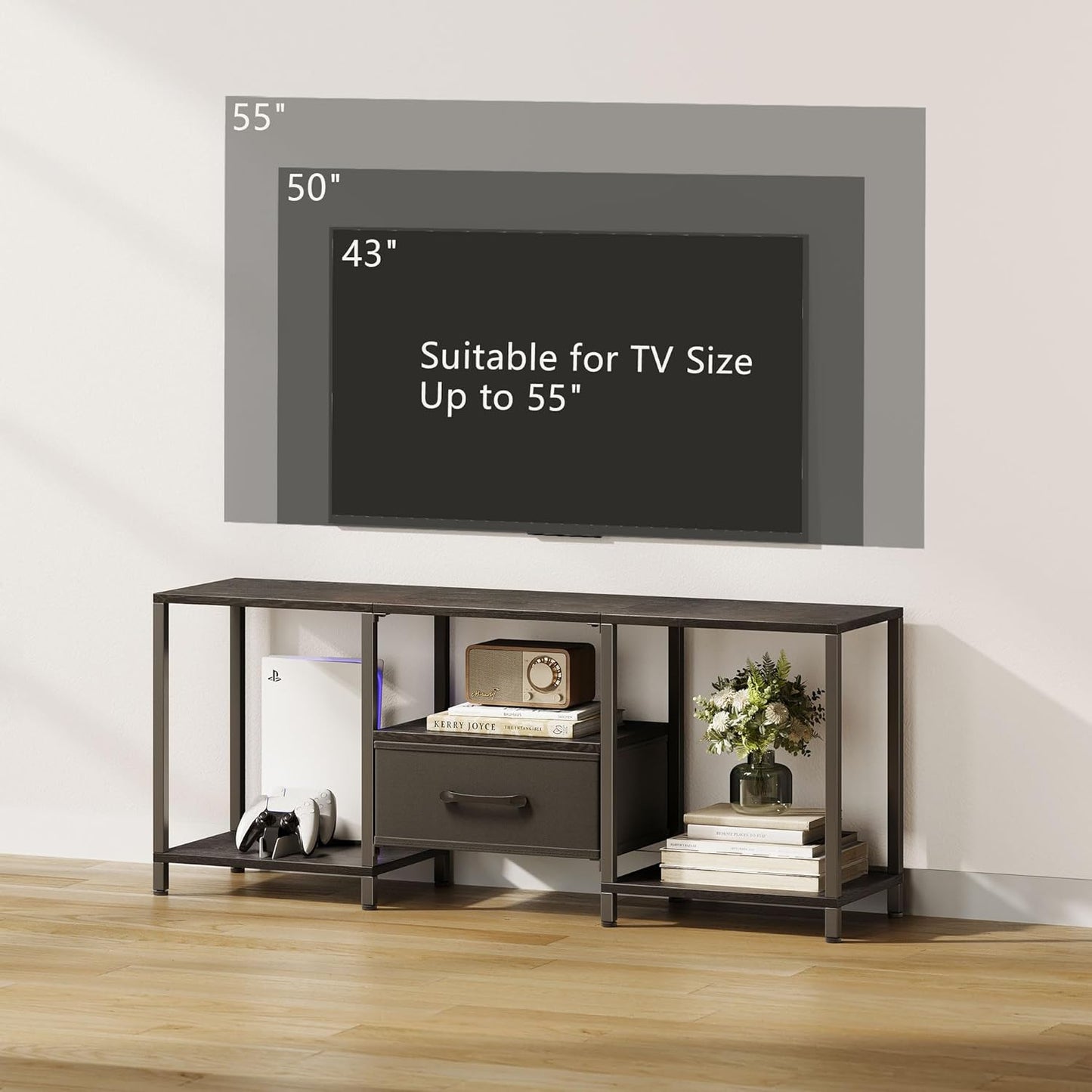 TV Stand with Fabric Drawer for 55 Inch TV, Entertainment Center with Open Shelves, Media TV Console Table for Living Room, Bedroom, Black