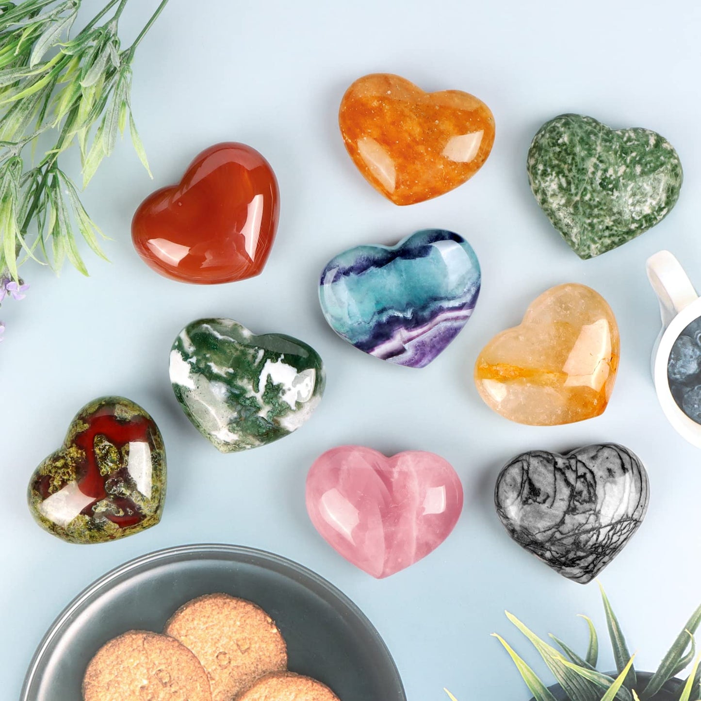 SMQ 2.4 Inch Rainbow Fluorite Crystal Heart Shaped Worry Stone for Anxiety Hand Carved Polished Gemstone Love Pocket Palm Chakra Stones Gifts for Balancing Reiki Healing