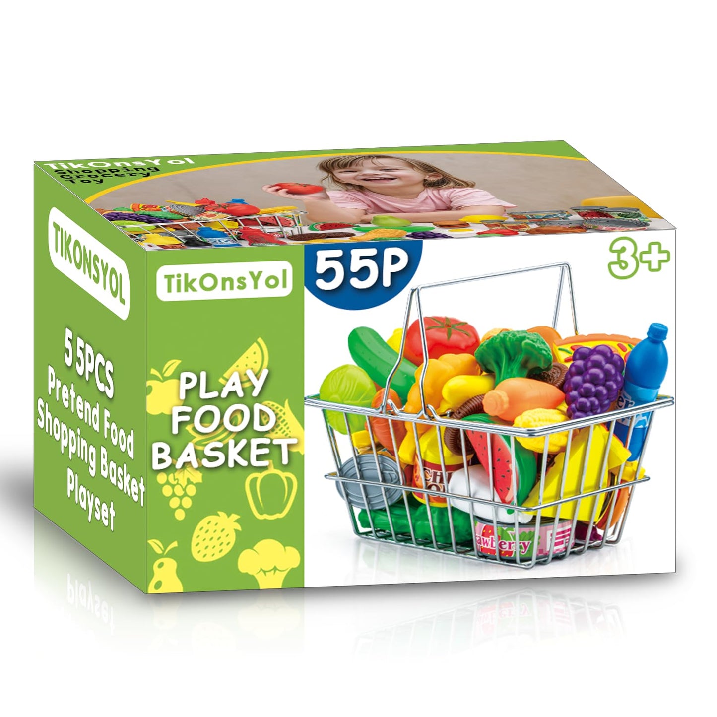 55 Pcs Grocery Store Pretend Play Food Set with Shopping Basket for Kids Toddlers 1-3 4-8, Kids Play Kitchen Accessories Plastic Fake Food Fruits and Vegetables Can Toy Gifts for Boys Girls