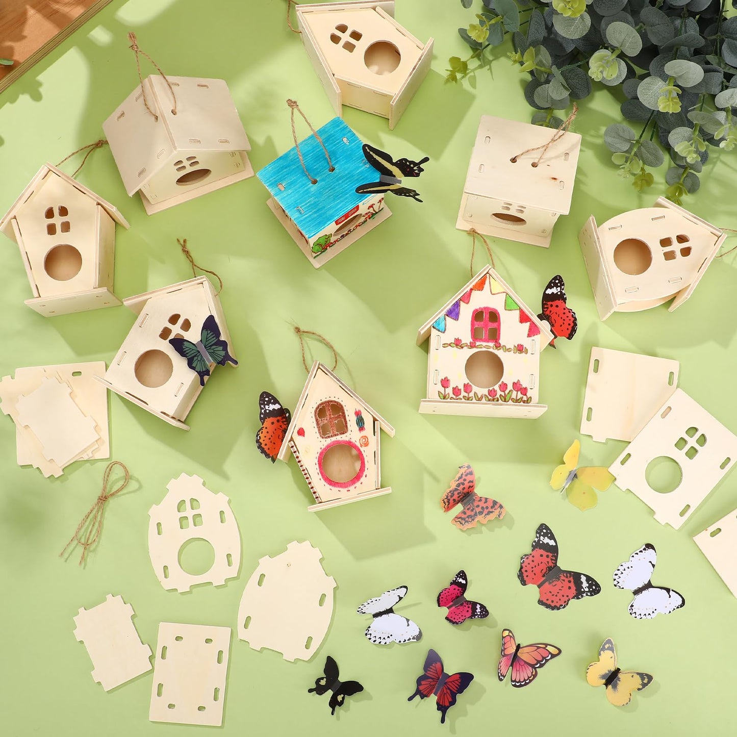 Sawysine 93 Pcs DIY Birdhouse Kits for Kids to Build, 36 Wooden Bird House 6 Shapes and 57 Butterfly Sticker for Children Spring Craft Activity Art Project DIY(Round Entrance)