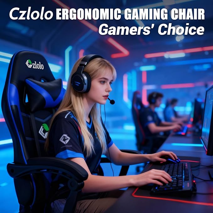 Gaming Chair with Footrest Racing Style Lumbar Support Massager Video Game Chair with Metal Legs, High Back Reclining Gamer Chair with Headrest, 360° Swivel Office Computer Desk Chair (Blue)
