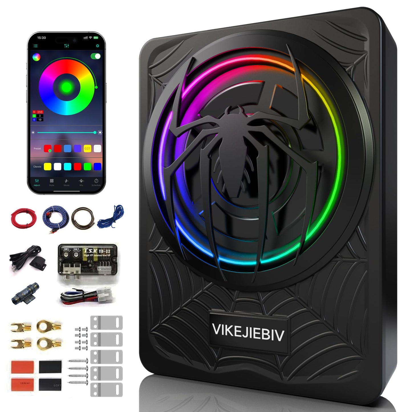 1200W RGB Subwoofer, Slim Underseat Car Subwoofer and Amp Package with RGB Beat-Synced Light, Individual Control for Low Pass/Ga