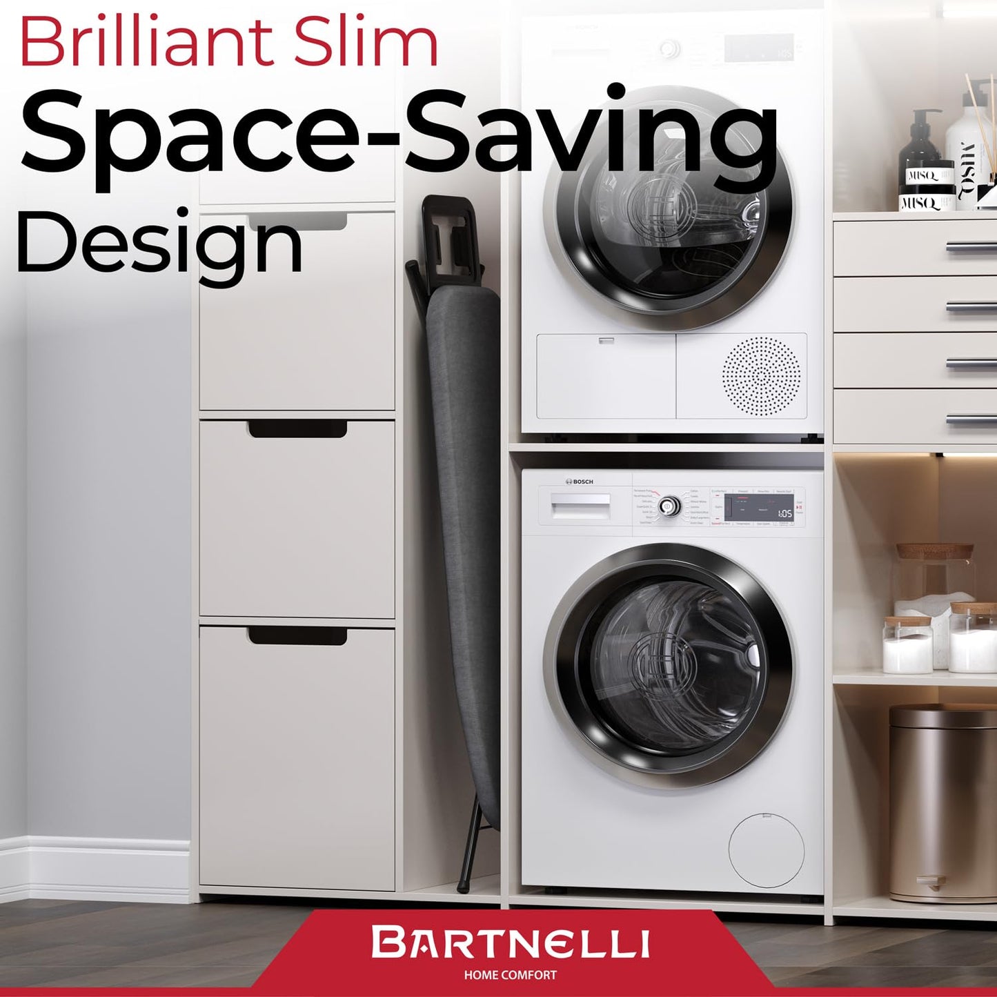 Bartnelli by Rorets Ironing Board Made in Europe | Iron Board with 4 Layered Cover & Pad, Height Adjustable up to 36" Features A Safety Iron Rest, 4 Steel Legs, for Laundry Room or Dorm Use (43x13)