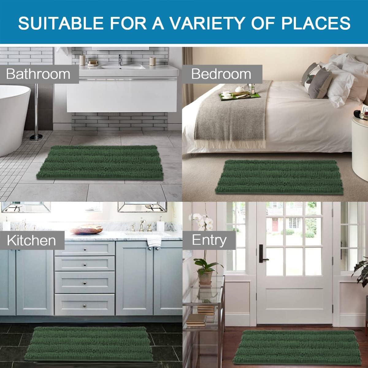 H.VERSAILTEX Bathroom Rugs Bath Mats Sets Super Absorbent Chenille Striped Bath Mats Non Skid Machine Wash Dry Rugs for Bathroom Floor Set of 2(Bronze Green, 24 x 36 Plus 20 x 32 - Inches)