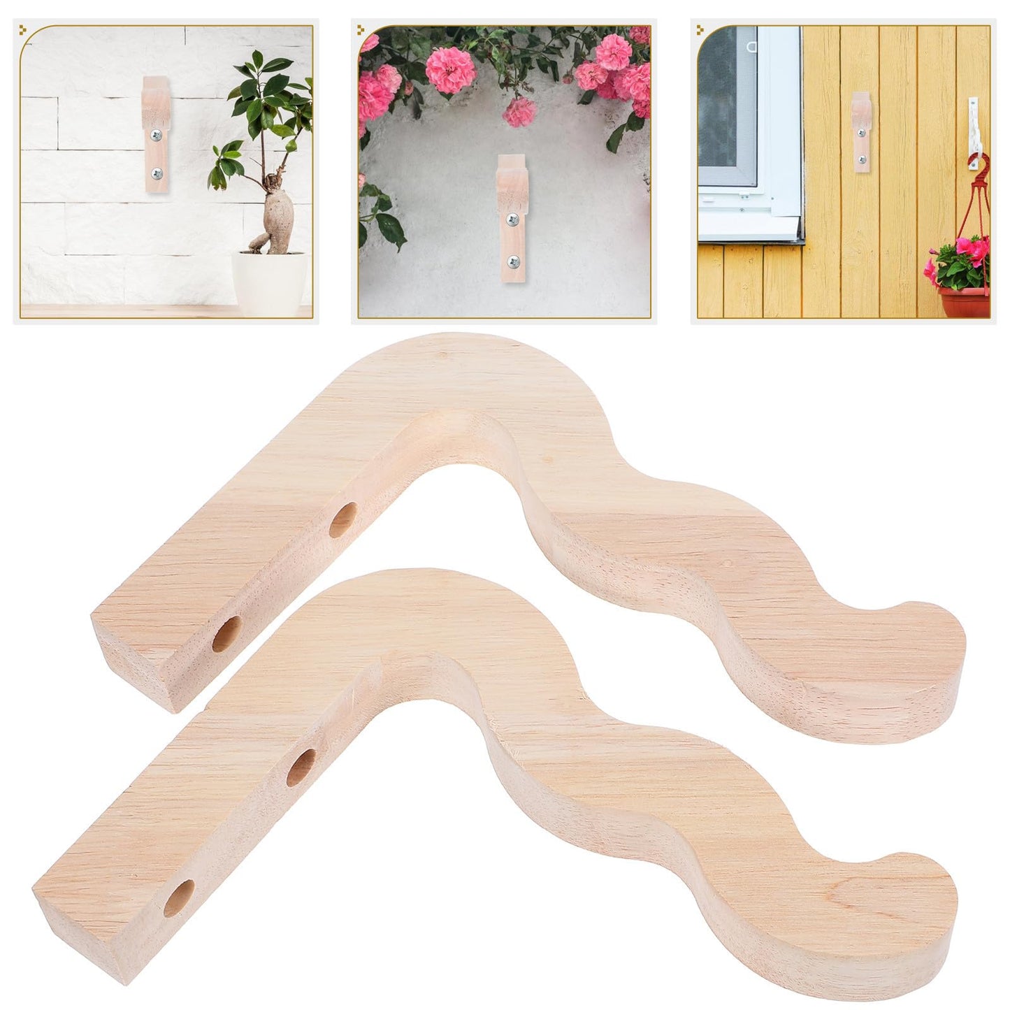 MINAOLULUS 2pcs Wall-Mounted Plant Hanger Hooks for Flower Pots and Lanterns, Outdoor Patio Gardening Brackets, Wooden Finish Indoor/Outdoor Hanging Supports for Wind Chimes and Planters