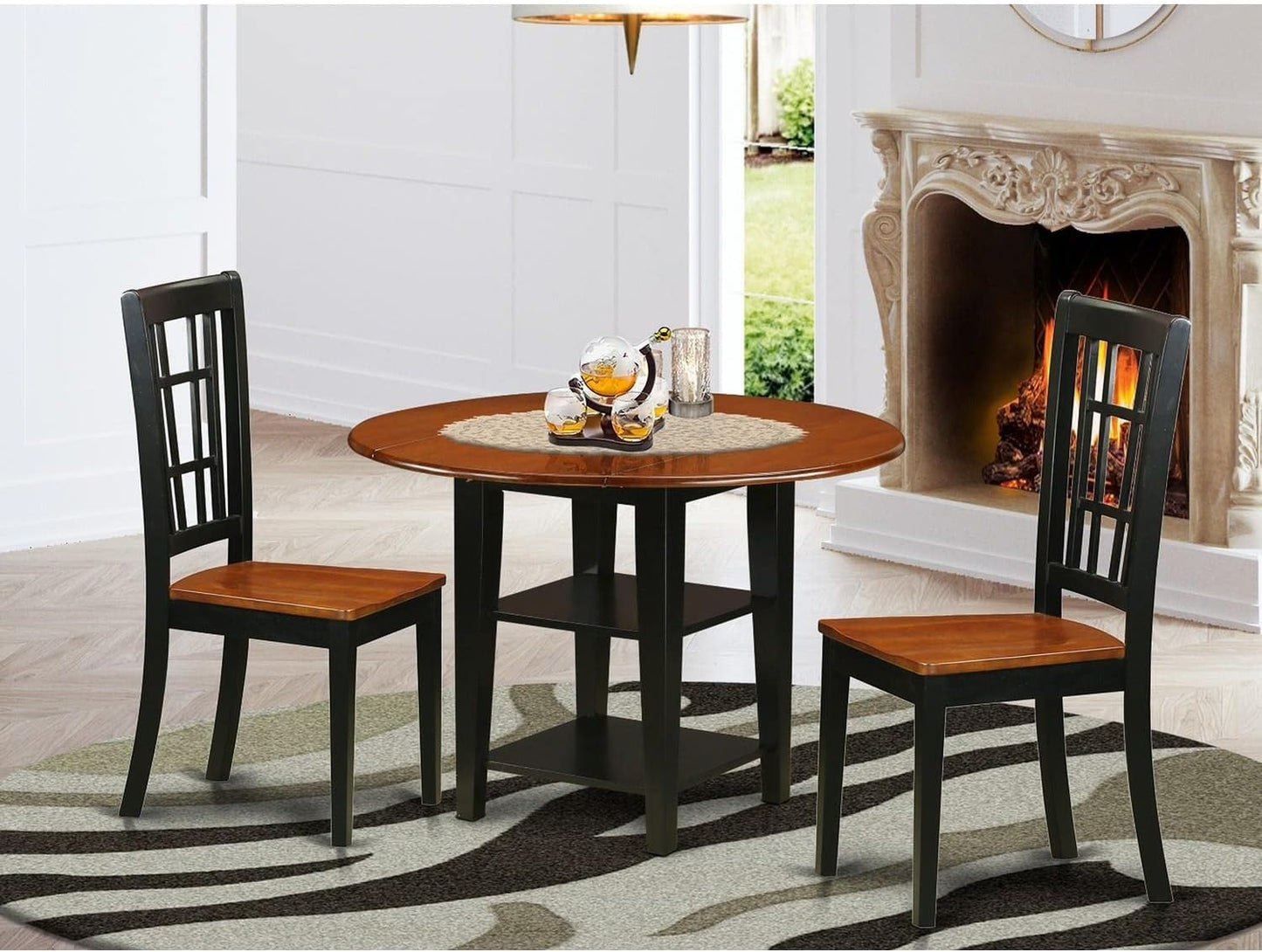 East West Furniture SUNI3-BCH-W 3 Piece Dinette Set for Small Spaces Contains a Round Dining Table with Dropleaf & Shelves and 2 Dining Chairs, 42x42 Inch, Black & Cherry