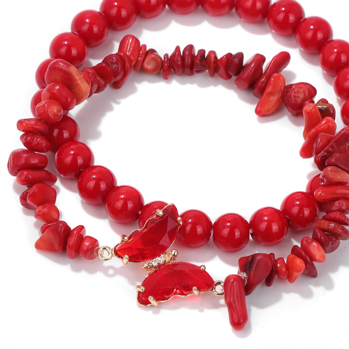 GolbalJew Red Coral Stone Bracelet for Women Healing Crystal Beaded Bracelets Red Gemstone Beads Stretch Bracelet Butterfly Charms Jewelry Women Gift