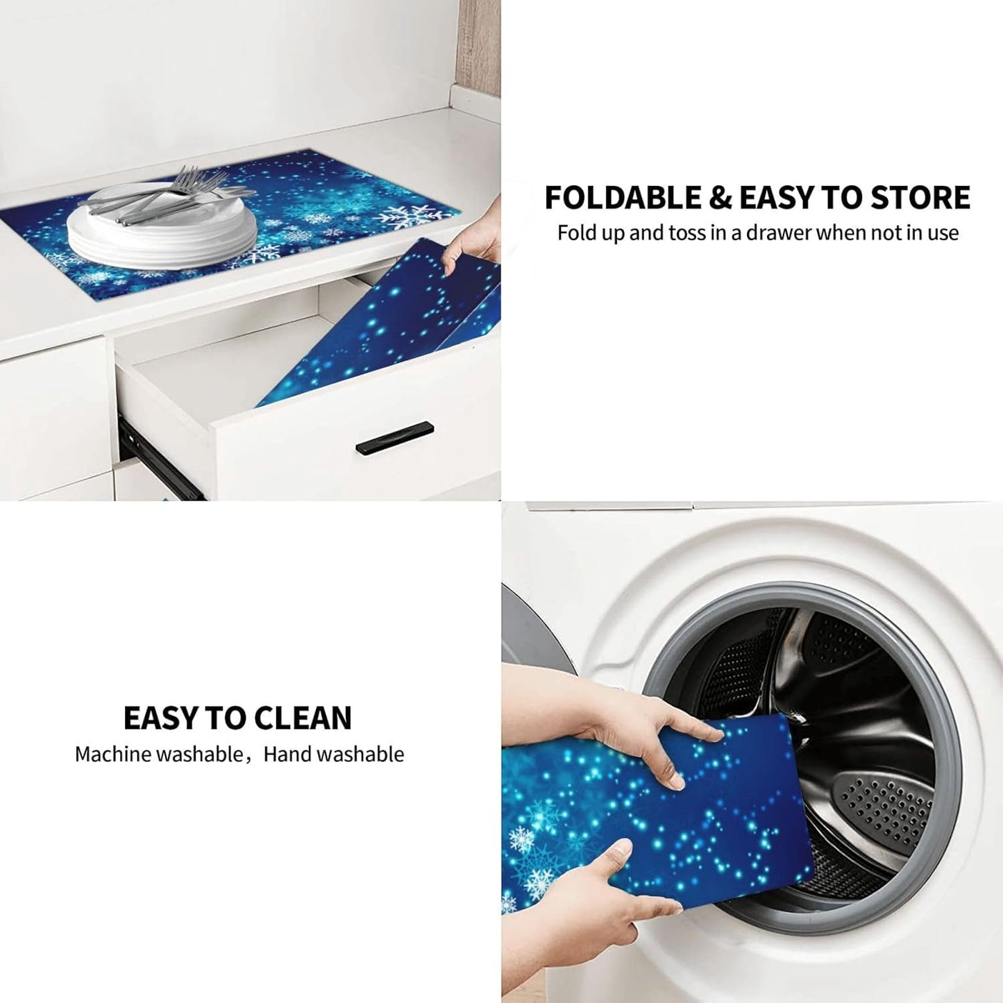 Dish Drying Mat Christmas Snowflake Blue Xmas Winter for Kitchen Counter Absorbent 18x24 Inch Microfiber Dishes Plate Glass Dry Draining Pad Reversible Washable