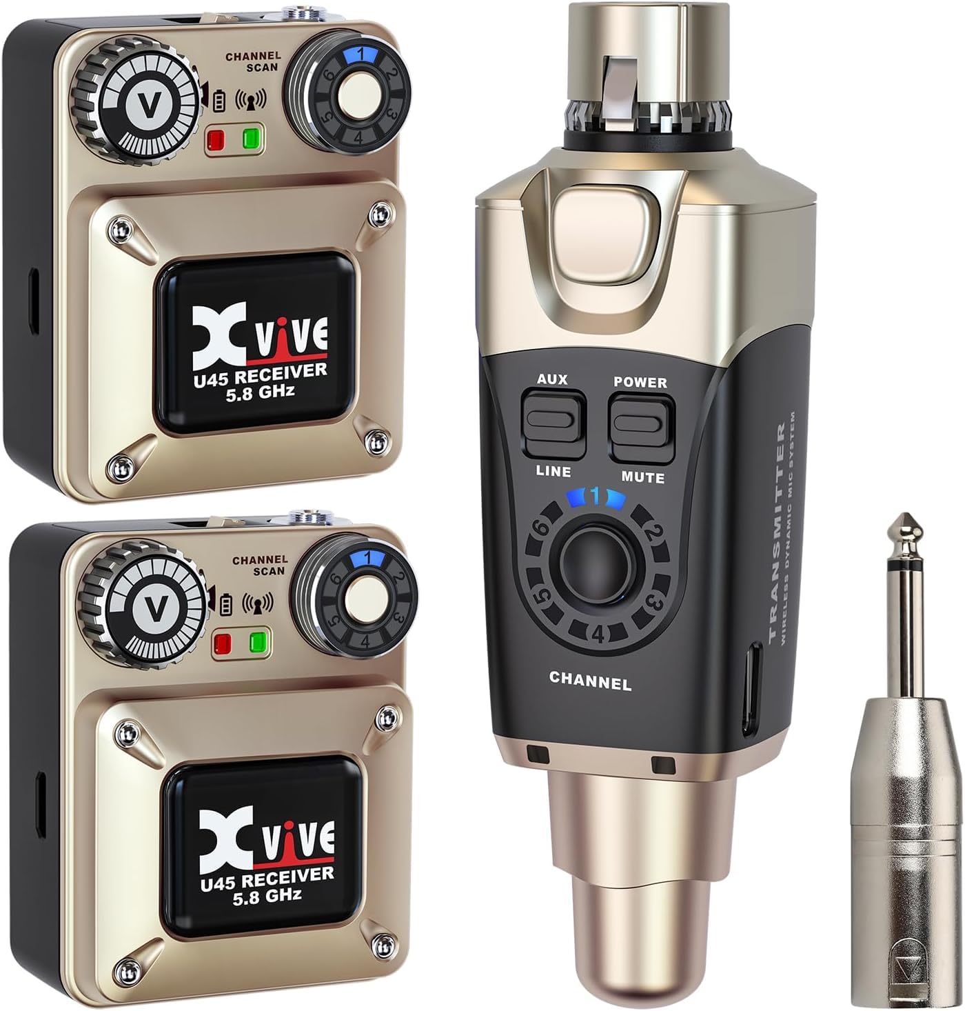 Xvive U45R2 Wireless in Ear Monitor System 5.8ghz IEM System 1 Transmitter and 2 Bodypack Receiver for Studio, Band Rehearsal, L